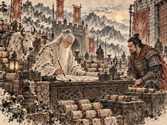 Tuschezeichnung: Laozi schreibt an einem geschnitzten Tisch am Grenzpass mit dem Pinsel, der Wächter Yin Xi sitzt daneben, ringsum Schriftrollen, Truhen und ein Ochse