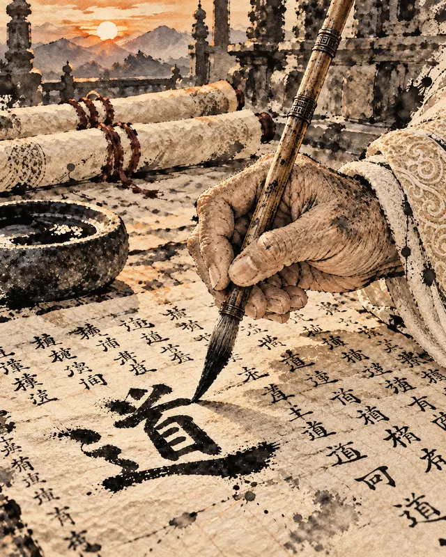 Tuschezeichnung: die Hand eines alten Mannes schreibt mit dem Pinsel das große Schriftzeichen 道 auf eine Schriftrolle, daneben ein Tuschestein