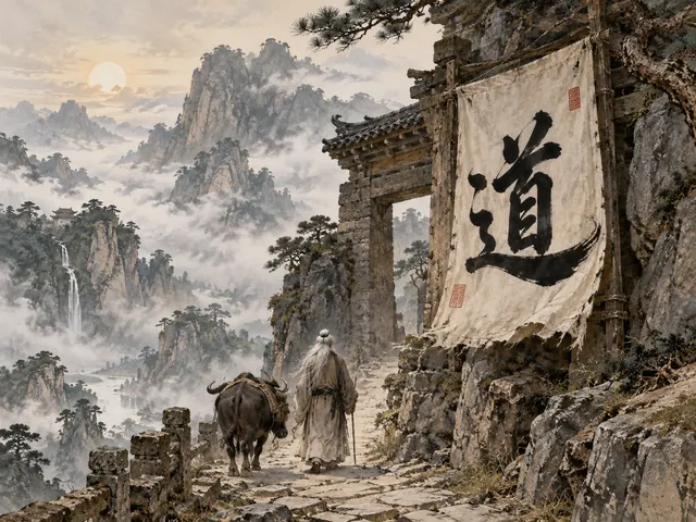 Tuschezeichnung: Laozi geht mit einem schwarzen Ochsen auf einem Bergpfad auf das Tor des Grenzpasses zu, daneben hängt ein Banner mit dem Schriftzeichen 道