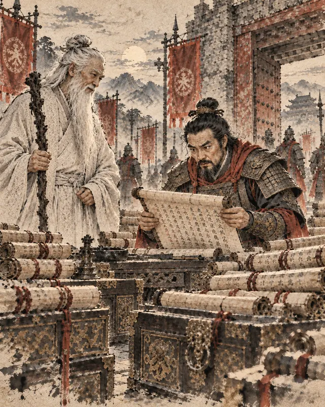 Tuschezeichnung: der Wächter Yin Xi in Rüstung liest aufmerksam eine Schriftrolle, neben ihm steht Laozi, ringsum gestapelte Schriftrollen und Truhen
